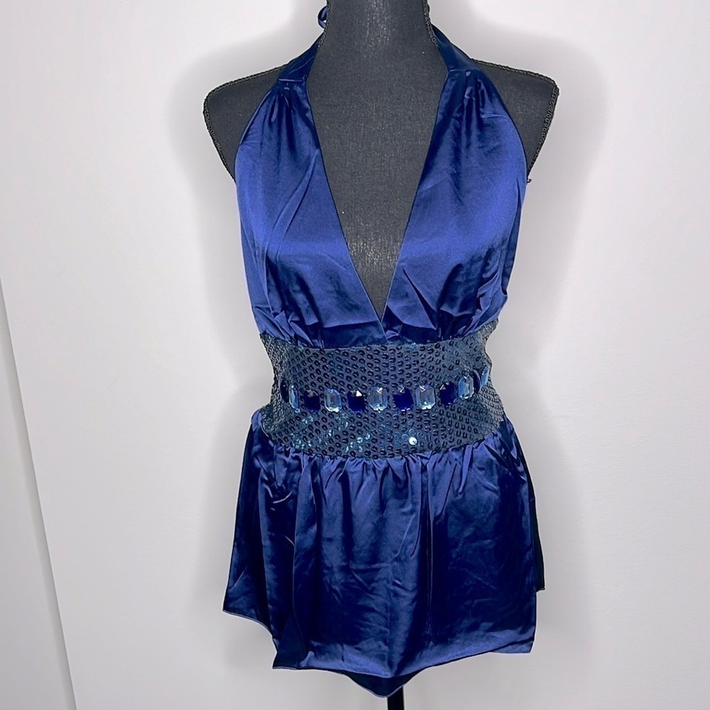 Chaudry KC for RAGA Sequin & Jeweled Satin Peplum Top in Navy Size Large NWT!